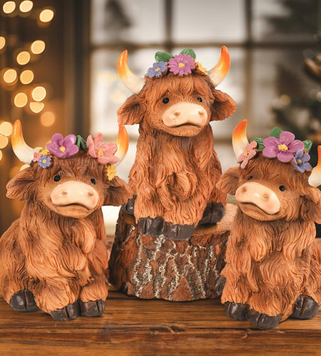NEROSUN Highland Cow Figurines Set of 3 Brown Resin Scottish Decor