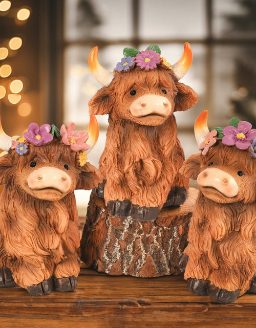 Load image into Gallery viewer, NEROSUN Highland Cow Figurines Set of 3 Brown Resin Scottish Decor
