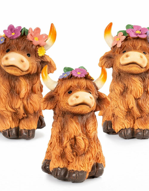 Load image into Gallery viewer, NEROSUN Highland Cow Figurines Set of 3 Brown Resin Scottish Decor
