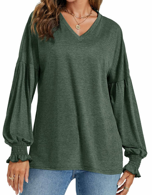 Load image into Gallery viewer, LYANER Women's V Neck Ruffle Lantern Sleeve Blouse Top Dark Green Size S
