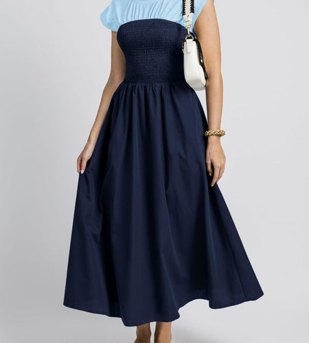 Wenrine Womens Casual Summer Midi Dress Smocked Cap Sleeve Navy Size S