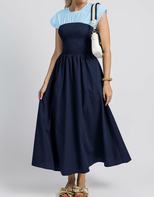 Load image into Gallery viewer, Wenrine Womens Casual Summer Midi Dress Smocked Cap Sleeve Navy Size S
