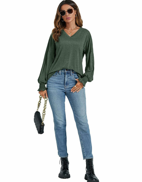 Load image into Gallery viewer, LYANER Women's V Neck Ruffle Lantern Sleeve Blouse Top Dark Green Size S

