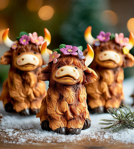 NEROSUN Highland Cow Figurines Set of 3 Brown Resin Scottish Decor