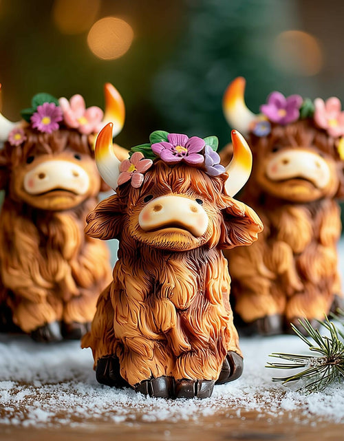 Load image into Gallery viewer, NEROSUN Highland Cow Figurines Set of 3 Brown Resin Scottish Decor
