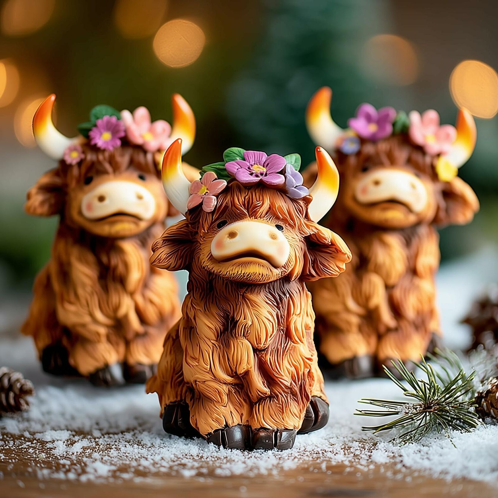 NEROSUN Highland Cow Figurines Set of 3 Brown Resin Scottish Decor