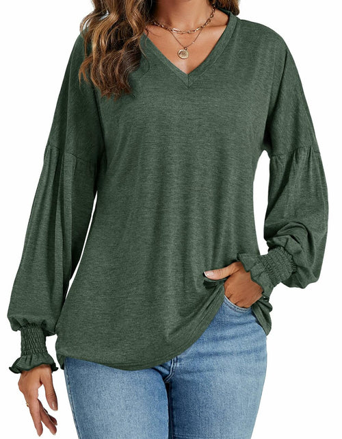 Load image into Gallery viewer, LYANER Women's V Neck Ruffle Lantern Sleeve Blouse Top Dark Green Size S
