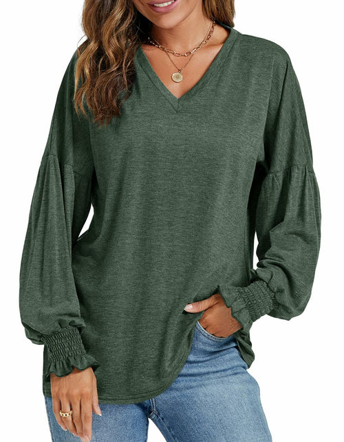 Load image into Gallery viewer, LYANER Women's V Neck Ruffle Lantern Sleeve Blouse Top Dark Green Size S
