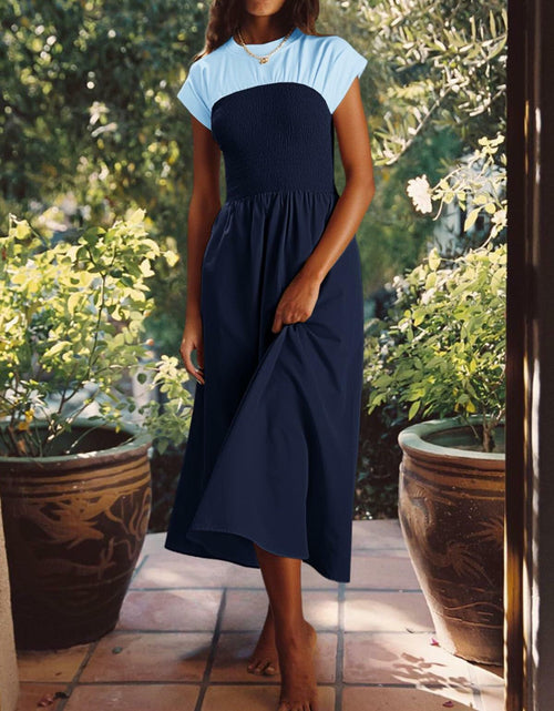 Load image into Gallery viewer, Wenrine Womens Casual Summer Midi Dress Smocked Cap Sleeve Navy Size S
