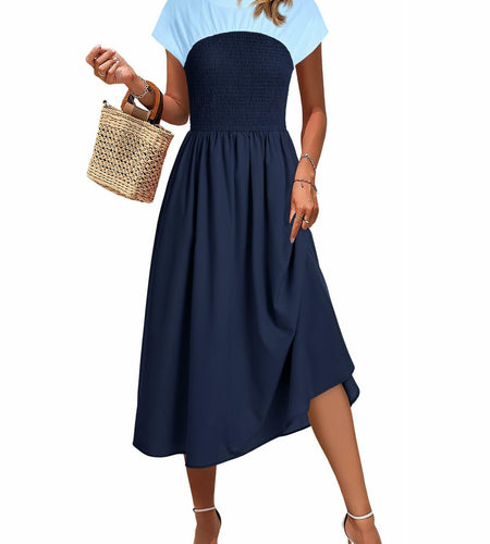 Wenrine Womens Casual Summer Midi Dress Smocked Cap Sleeve Navy Size S