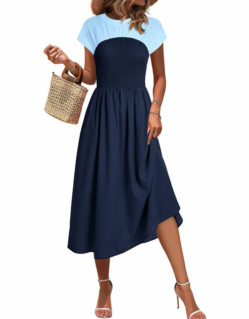 Load image into Gallery viewer, Wenrine Womens Casual Summer Midi Dress Smocked Cap Sleeve Navy Size S
