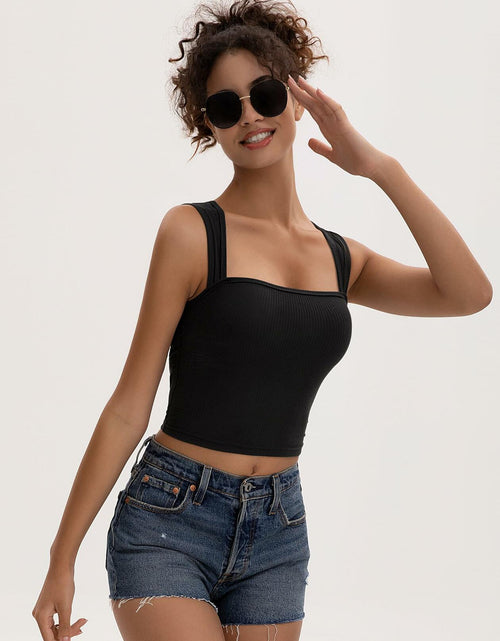 Load image into Gallery viewer, MOSSROZZ Crop Tank Top Black Ribbed Athletic Slim Fit Wide Strap Size XS
