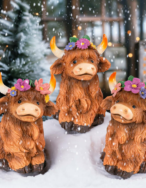 Load image into Gallery viewer, NEROSUN Highland Cow Figurines Set of 3 Brown Resin Scottish Decor
