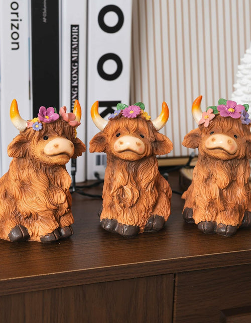 Load image into Gallery viewer, NEROSUN Highland Cow Figurines Set of 3 Brown Resin Scottish Decor

