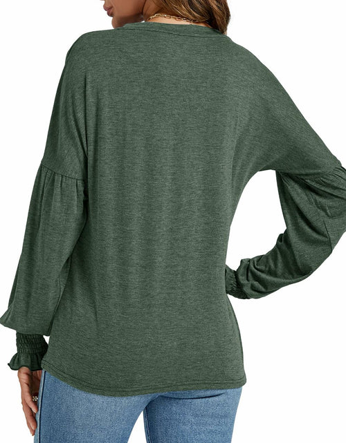 Load image into Gallery viewer, LYANER Women's V Neck Ruffle Lantern Sleeve Blouse Top Dark Green Size S
