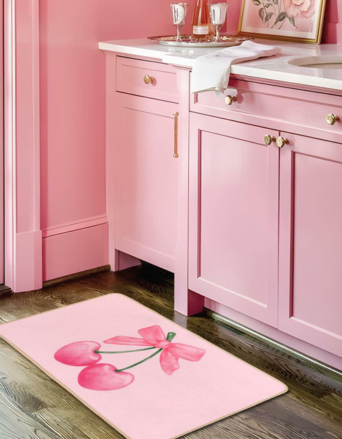 Load image into Gallery viewer, ETYZE Pink Welcome Mat Indoor Front Door Cherry Bow 30x16 Inch Polyester
