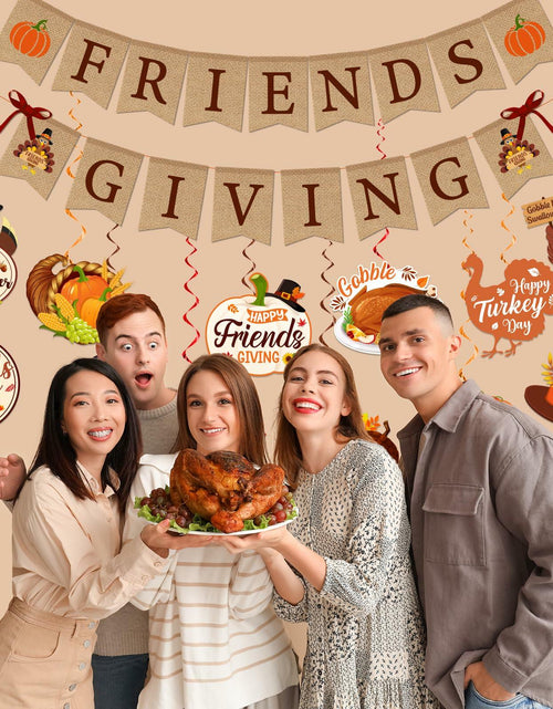 Load image into Gallery viewer, Friendsgiving Party Decorations Banner Hanging Swirls Turkey Pumpkin Maple
