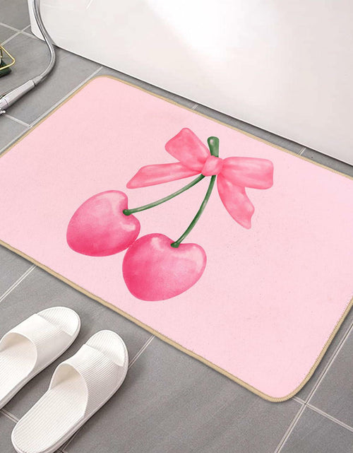 Load image into Gallery viewer, ETYZE Pink Welcome Mat Indoor Front Door Cherry Bow 30x16 Inch Polyester
