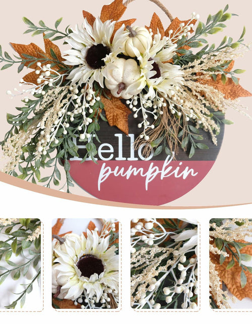Load image into Gallery viewer, idyllic Hello Pumpkin Wreath Sign Front Door Decor Wood 16" Cream
