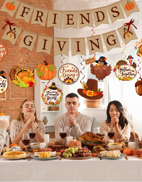 Load image into Gallery viewer, Friendsgiving Party Decorations Banner Hanging Swirls Turkey Pumpkin Maple
