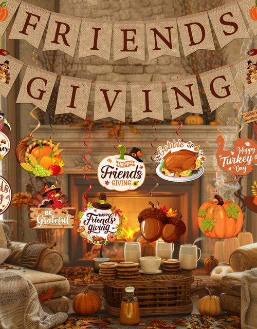Load image into Gallery viewer, Friendsgiving Party Decorations Banner Hanging Swirls Turkey Pumpkin Maple
