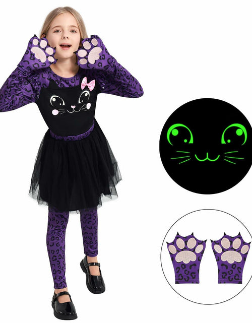 Load image into Gallery viewer, Weixinbuy Girls Leopard Cat Costume Glow Dark Halloween Dress Purple Size 3-4T
