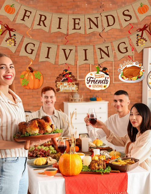 Load image into Gallery viewer, Friendsgiving Party Decorations Banner Hanging Swirls Turkey Pumpkin Maple
