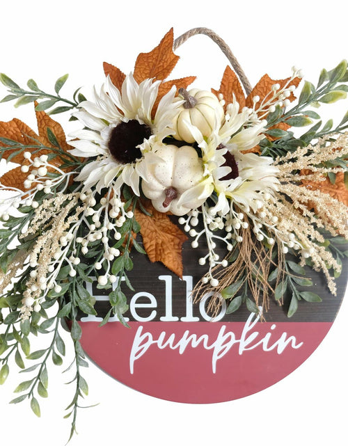 Load image into Gallery viewer, idyllic Hello Pumpkin Wreath Sign Front Door Decor Wood 16" Cream
