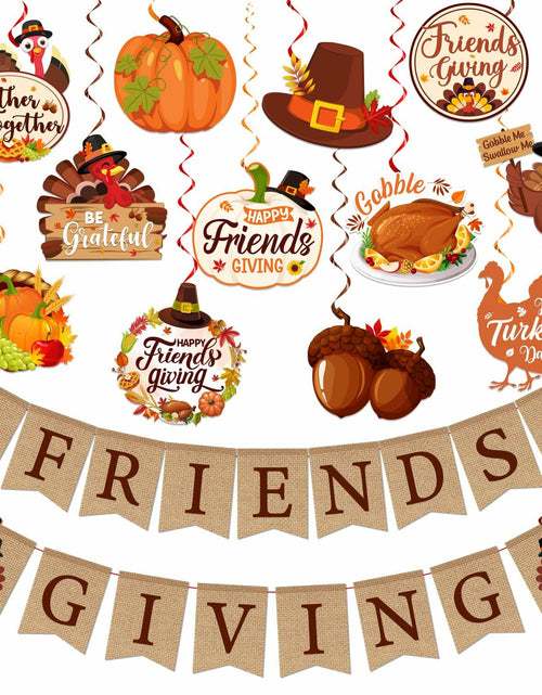 Load image into Gallery viewer, Friendsgiving Party Decorations Banner Hanging Swirls Turkey Pumpkin Maple
