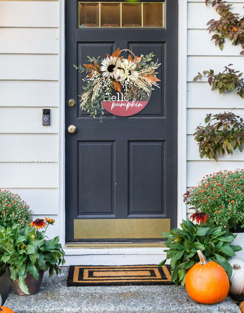 Load image into Gallery viewer, idyllic Hello Pumpkin Wreath Sign Front Door Decor Wood 16" Cream
