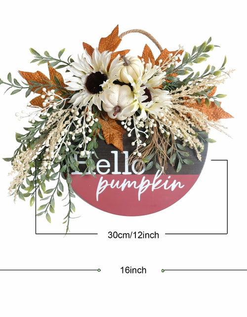 Load image into Gallery viewer, idyllic Hello Pumpkin Wreath Sign Front Door Decor Wood 16" Cream
