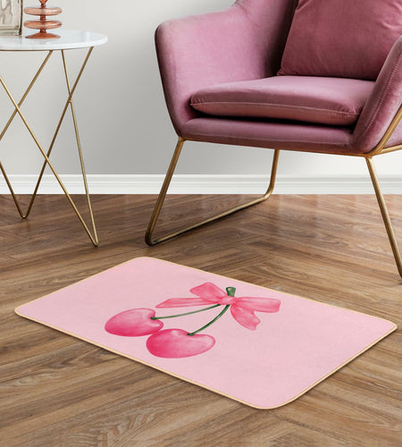 ETYZE Pink Welcome Mat Indoor Front Door Cherry Bow 30x16 Inch Polyester