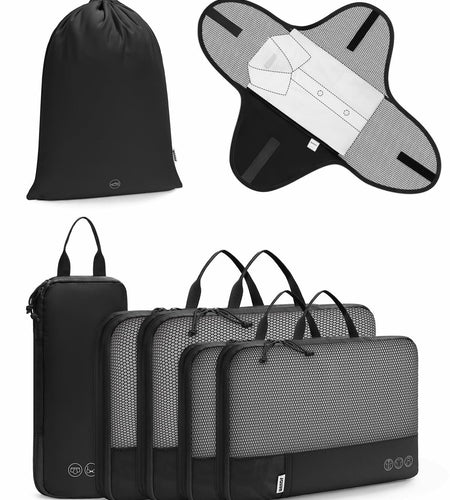 WANDF 7-Pc Compression Packing Cubes Travel Organizer Bags Set Khaki Size Large