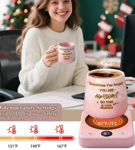 Waipfaru Coffee Mug Warmer & You Are Awesome Mug Set, 3 Temp Settings Black