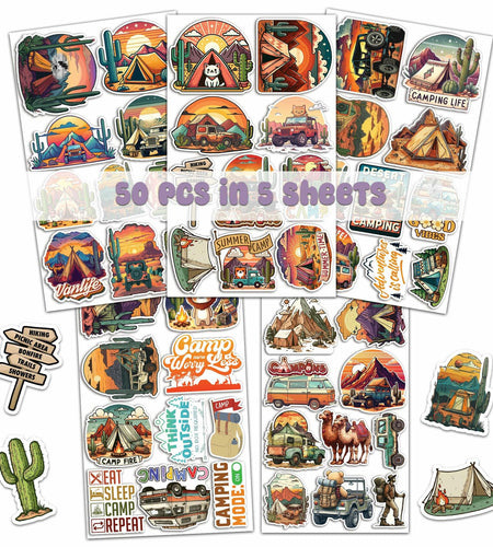 BIGZORO Desert Camping Stickers Camel Cactus Waterproof Vinyl Pack 50