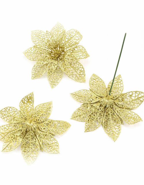 Load image into Gallery viewer, Wironlst 24pcs Gold Glitter Poinsettia Christmas Tree Ornaments 3 Sizes
