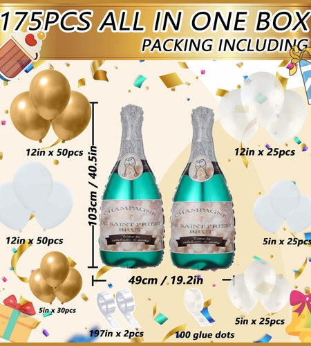OORAMOO 176PCS Champagne Bottle Balloon Garland Arch Kit Gold Party Decor