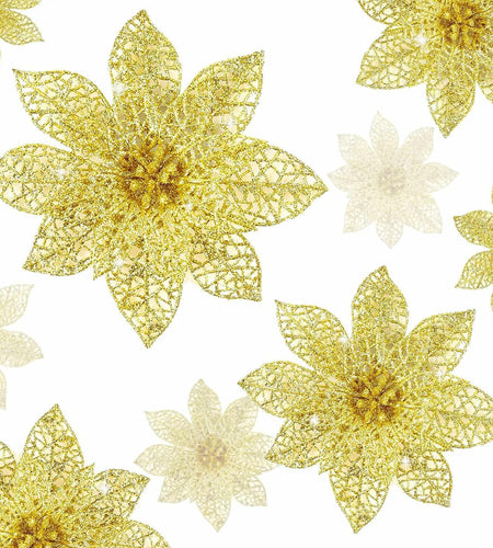 Wironlst 24pcs Gold Glitter Poinsettia Christmas Tree Ornaments 3 Sizes