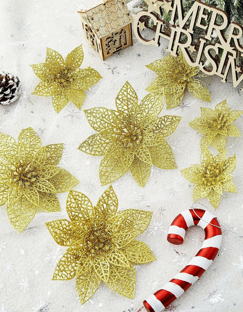 Load image into Gallery viewer, Wironlst 24pcs Gold Glitter Poinsettia Christmas Tree Ornaments 3 Sizes
