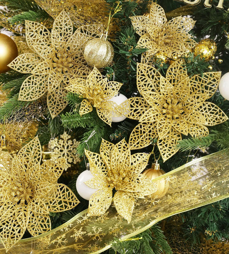 Wironlst 24pcs Gold Glitter Poinsettia Christmas Tree Ornaments 3 Sizes