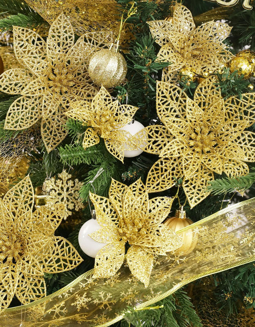 Load image into Gallery viewer, Wironlst 24pcs Gold Glitter Poinsettia Christmas Tree Ornaments 3 Sizes
