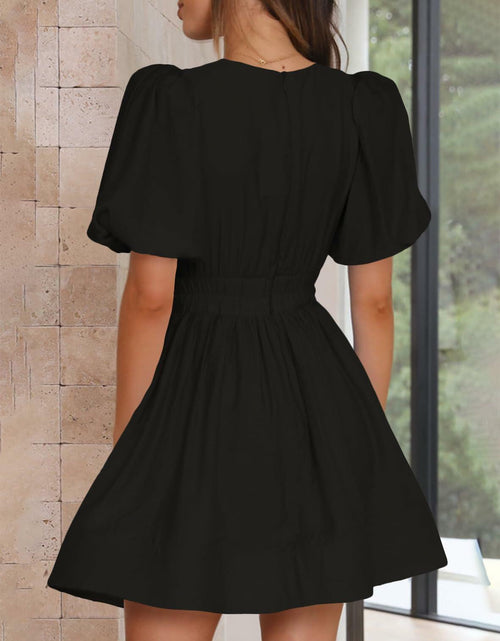 Load image into Gallery viewer, Outfeel Women Mini Dress Puff Sleeve V Neck High Waist Black Size M

