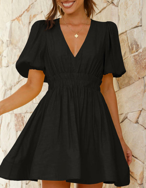Load image into Gallery viewer, Outfeel Women Mini Dress Puff Sleeve V Neck High Waist Black Size M
