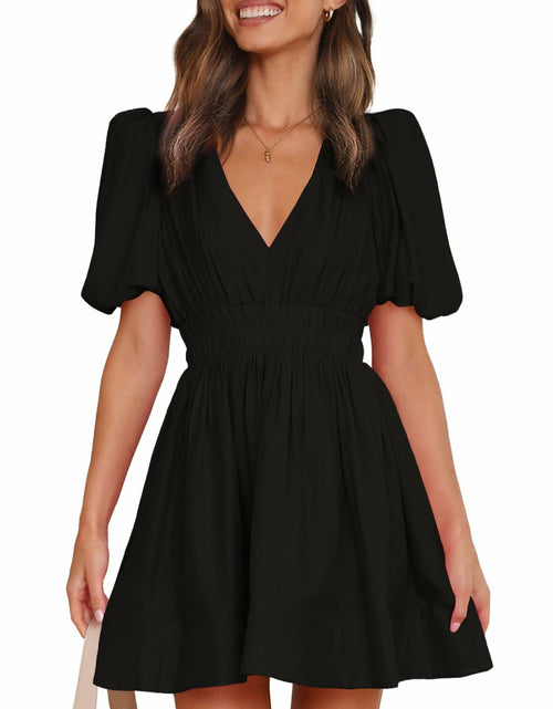 Load image into Gallery viewer, Outfeel Women Mini Dress Puff Sleeve V Neck High Waist Black Size M
