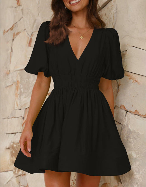 Load image into Gallery viewer, Outfeel Women Mini Dress Puff Sleeve V Neck High Waist Black Size M
