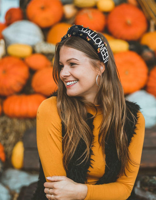 Load image into Gallery viewer, ABONDEVER Halloween Rhinestone Pumpkin Headband Black Orange Plaid
