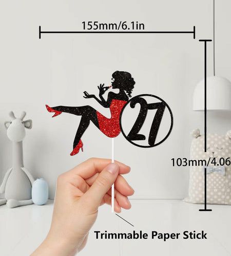 HEYUWING Red Silhouette Glitter Lipstick 33 Girl Cake Topper Picks Paper