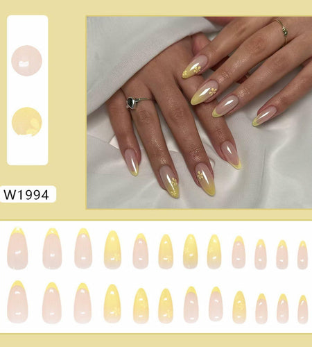 Almond Press On Nails Medium Glossy Flower French Tip Fake Nails 24pcs