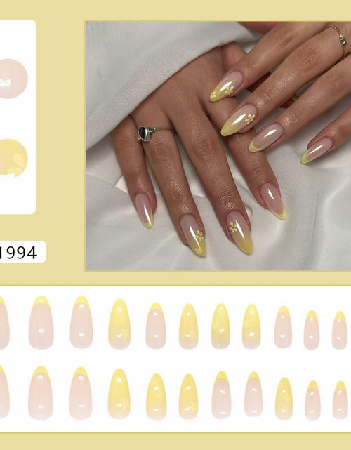 Load image into Gallery viewer, Almond Press On Nails Medium Glossy Flower French Tip Fake Nails 24pcs
