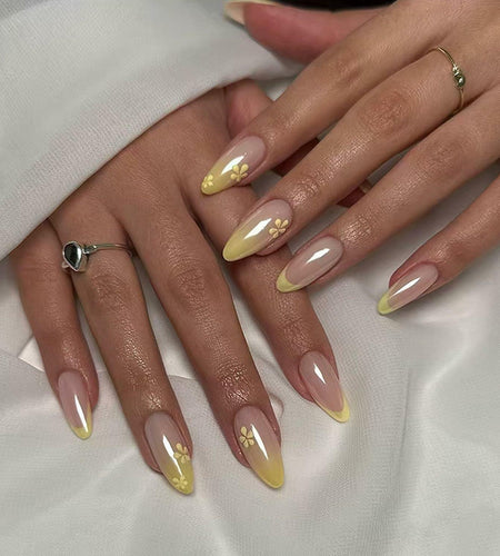 Almond Press On Nails Medium Glossy Flower French Tip Fake Nails 24pcs